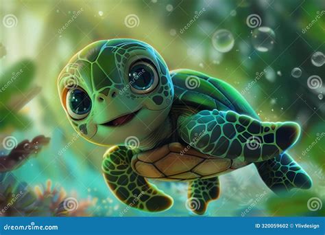 Joyful Cartoon Sea Turtle Swimming Underwater Stock Illustration