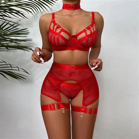 Plain Luxury 5 Piece Women Xl Red Lace Fishnet Elegant Lingerie Set At