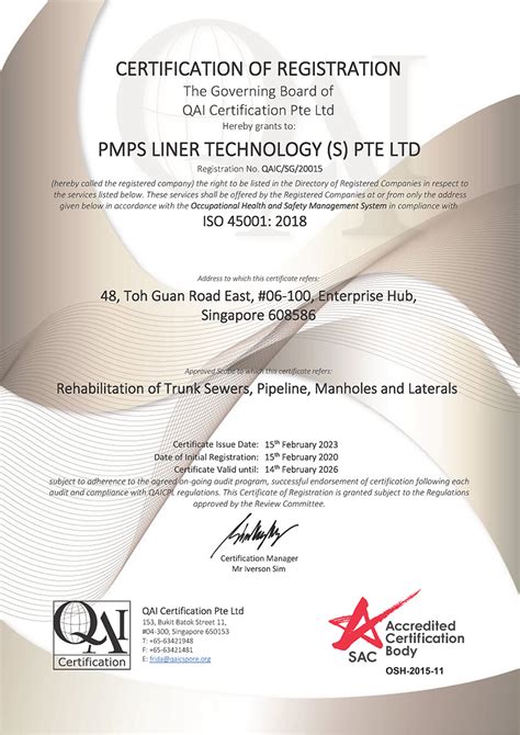 Certifications Sewer Rehabilitation Contractor Singapore Pmps Liner