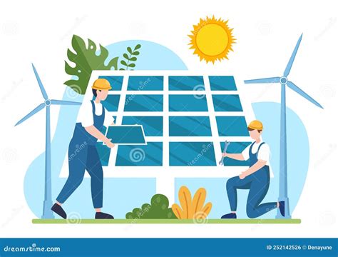 Solar Energy Installation Panel Or Wind Turbine Maintenance Illustration With Home Service Team