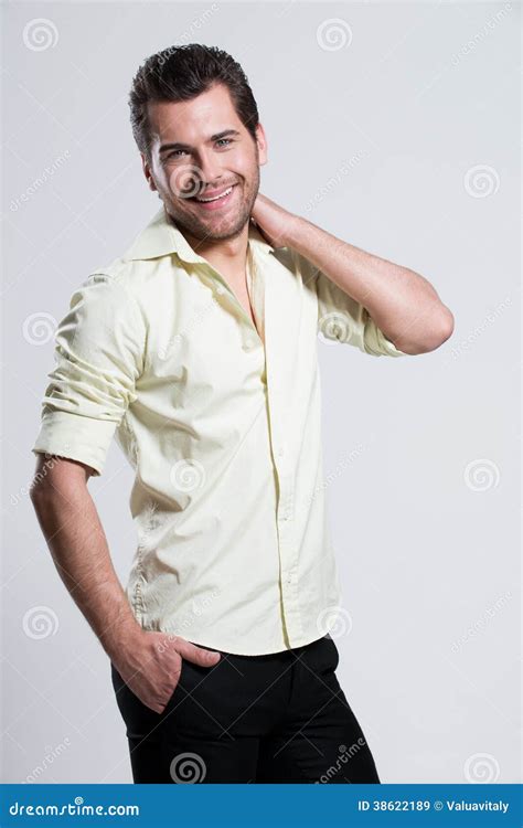 Portrait Of Happy Man In Yellow Shirt Stock Image Image Of Smiling