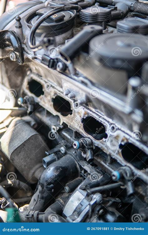 Car Repair Concept Dirty Engine Intake Close Up Manifold Ports Car