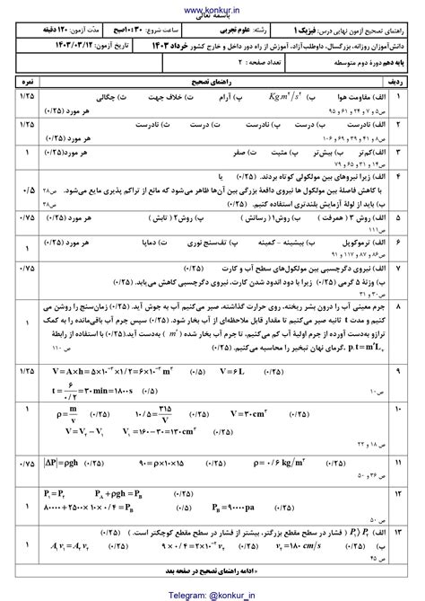پاسخنامه تشریحی امتحان نهایی فیزیک دهم تجربی خرداد ۱۴۰۳