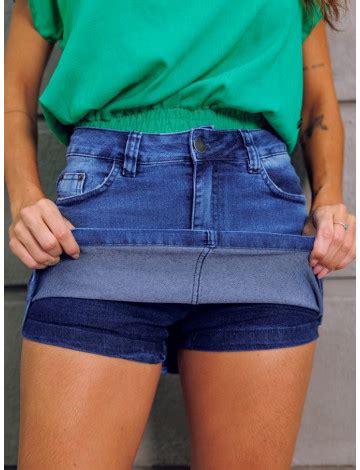 Saia Shorts Jeans Empina Bumbum Atacado Feminina Revanche Bassila Azul