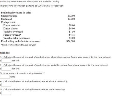 [solved] Inventory Valuation Under Absorption And Solutioninn