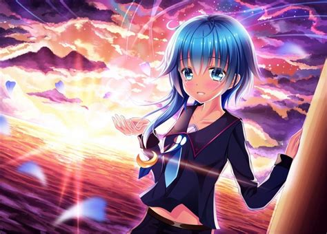 Sunset Sea Long Hair Anime Anime Girls Blue Hair Blue Eyes