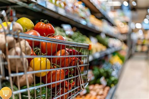 Fresh Produce In A Shopping Cart At A Supermarket Aisle With Labeled