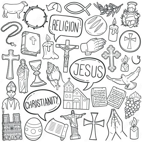 Christian Religion Doodle Icon Set Christianity Vector Illustration