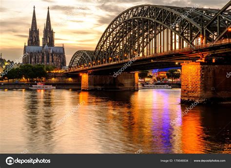 Night View Cologne Cathedral Kolner Dom Rhine River Hohenzollern Bridge