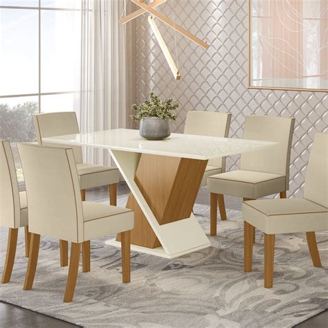 Conjunto Mesa De Jantar Solus Com 6 Cadeiras Maris Natureoff White