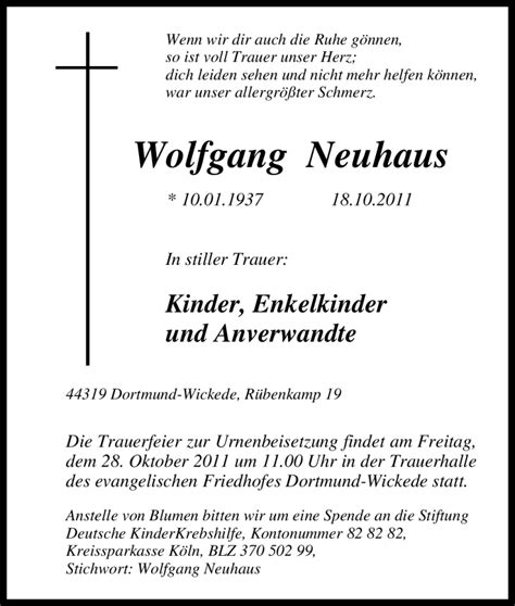 Traueranzeigen Von Wolfgang Neuhaus Trauer In Nrw De