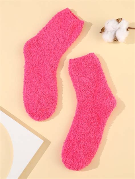 Solid Fuzzy Crew Socks Shein Usa