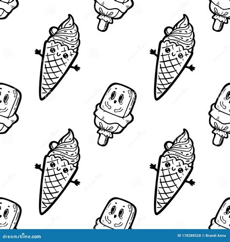 Kawaii Cartoon Style Doodle Characters Ice Cream Funny Seamless Pattern Emoticon Face Icon