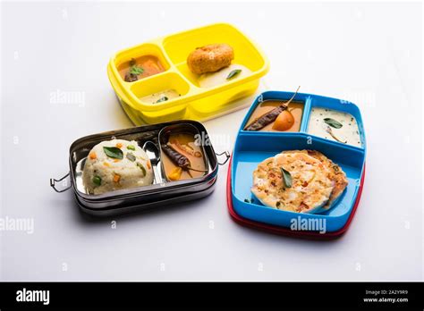 Assorted South Indian Tiffin Lunch Box Food In Group Includes Idli