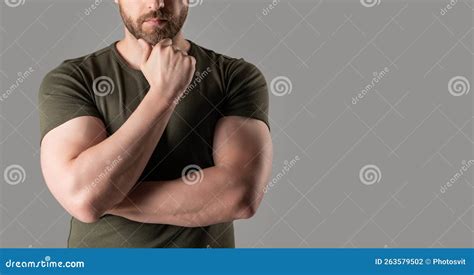 Cropped View Of Muscular Man Wear Tshirt Muscular Man Isolated On Grey