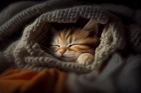 Free Photo Cute Kitten With Striped Fur Sleeping On Blanket Generative Ai