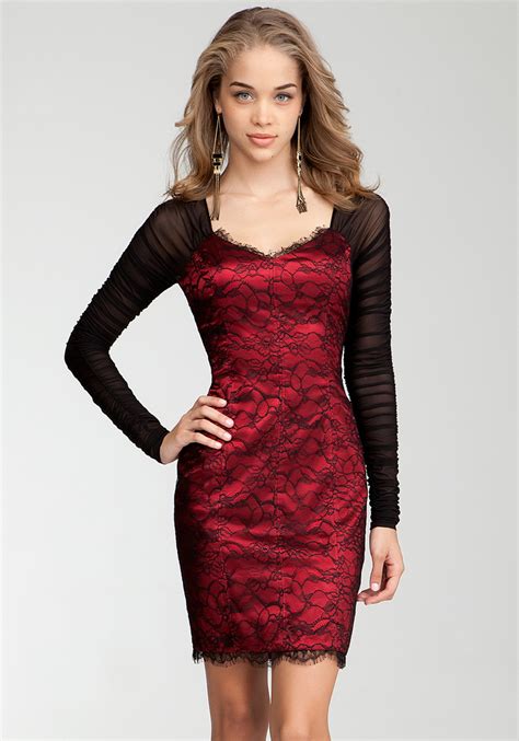 Lyst Bebe Lace Body Contrast Sleeve Dress In Red