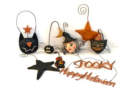 Vintage Halloween Miniature Ornaments 9 Ornaments Estate Sale Witch