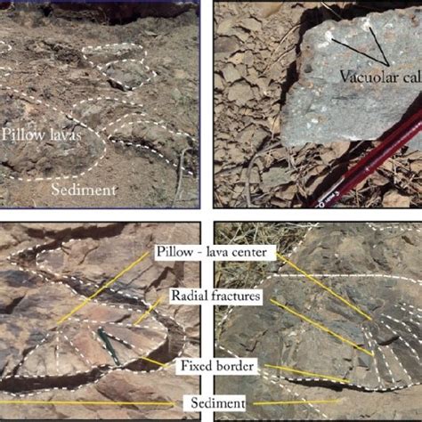 (a) Pillow-lavas, (b) vacuolar basalt, (c) detailed pillow structure ...