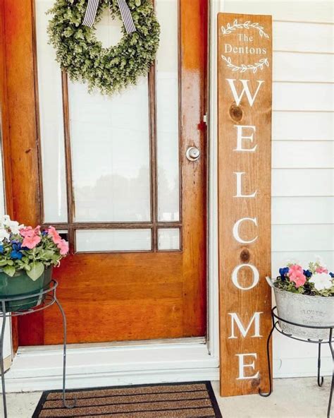 Stained Wood Front Door With Wood Welcome Sign - Soul & Lane