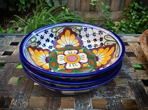 Three Talavera Pottery Bowls, Mexican Pottery, Mexican Decor, Bohemian Decor, Blue Yellow Bowls