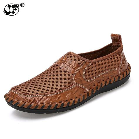 Summer Breathable Mesh Shoes Mens Casual Shoes Genuine Leather Slip On