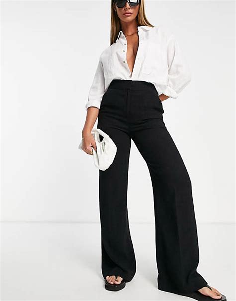 Asos Design Linen Wide Leg Relaxed Flare Trouser In Black Asos