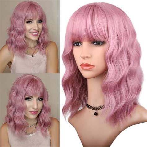 Minlee Pink Wig With Bangs For Women 14 Inch Short Bob Wavy Curly Wig Pastel Pink