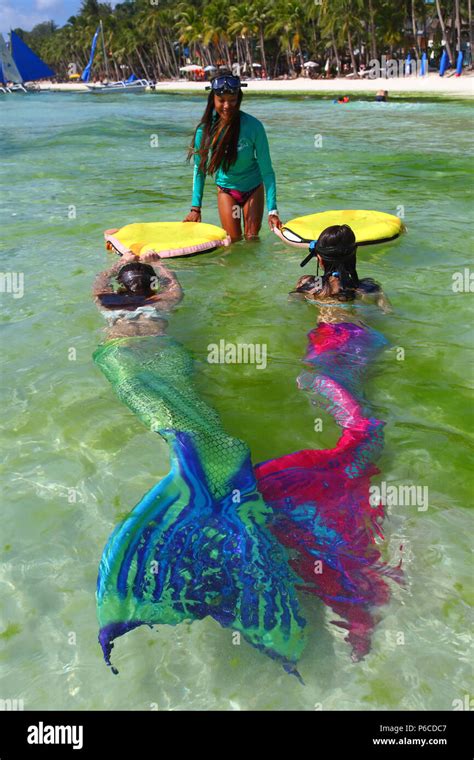 Philippines Boracay Island White Beach Mermaid Lessons Stock Photo