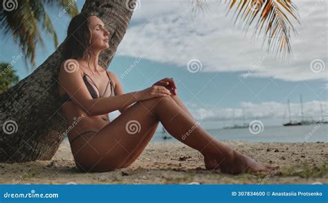 Woman In Bikini Relax Palm Tree On Tropical Beach Stock Photo Image Of Holiday Paradise