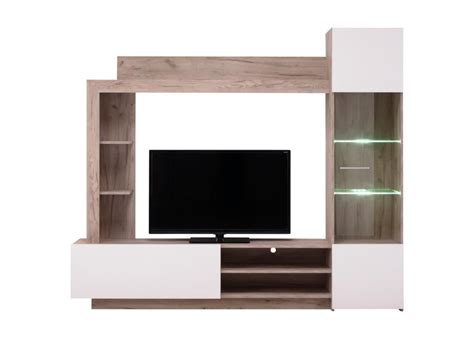 Mur TV ARKALA avec rangements LEDs Blanc Chêne grisé