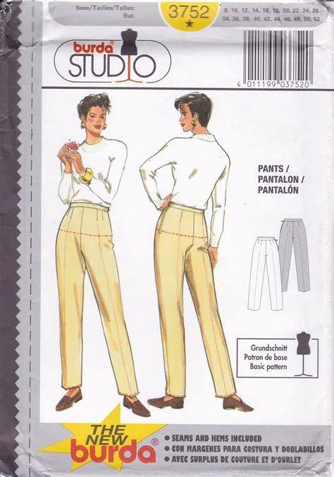 Sewing Pattern Burda 3752 Basic Fitted Pants Tapered Leg Slacks Size 8