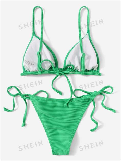 SHEIN Swim Summer Beach Ribbed Bikini Set Tie Back Triangle Bra Top