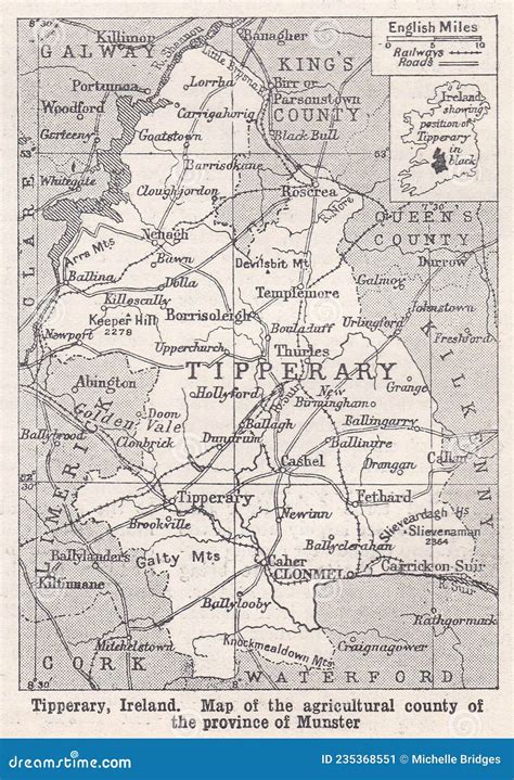 Vintage Map Of Tipperary Ireland 1930s Editorial Photo Illustration