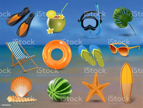 Vector Illustration Of Realistic Summer Holidays Seaside Beach Icons Set Isolated On Seaside