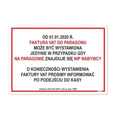 TABLICZKA INFORMACYJNA FAKTURA DO PARAGONU BIAŁA 25x17 5cm