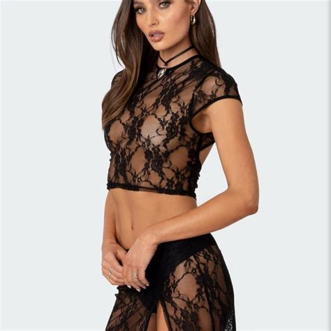 Edikted Aura Open Back Sheer Lace Crop Top Black Depop