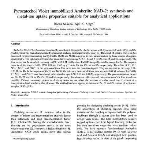 (PDF) Pyrocatechol Violet immobilized Amberlite XAD-2: Synthesis and metal-ion uptake properties ...