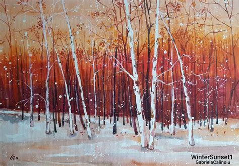 Winter Sunset Watercolor By Gabriela Calinoiu Picturipeisaje