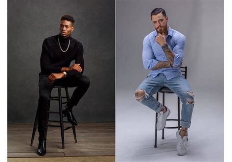 Two Men Sitting On Stools One In Black And The Other In Blue