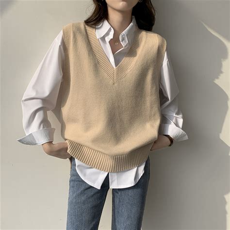 Korean Style Women Knitted Sleeveless Loose V Neck Knit Vest Loose V