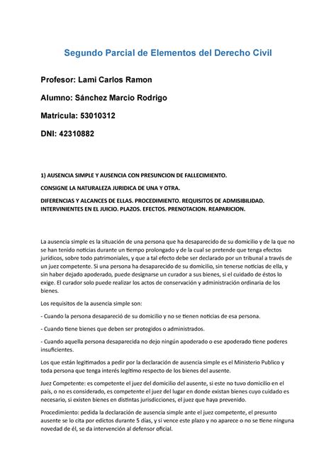 Examen De Elementos Del Derecho Civil Segundo Parcial De Elementos Del Derecho Civil Profesor