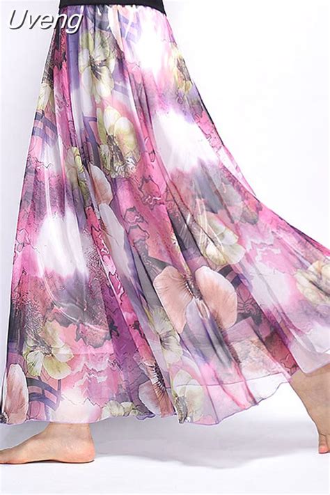 Uveng Women Fashion Florals Print Long Skirt Female Boho Style Elastic