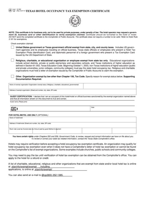 Fillable Form 12 302 Texas Hotel Occupancy Tax Exemption Certificate Printable Pdf Download