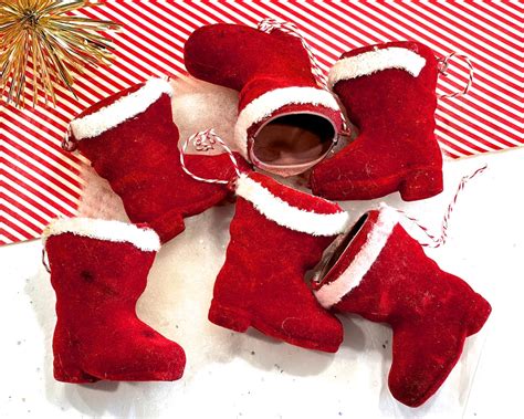 Vintage 6pc Flocked Santa Boot Ornament Made In Japan Christmas Decor Home Decor Sku Tub 400