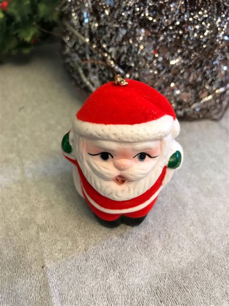 Vintage Flocked Santa Bell Ornament Porcelain Bell Santa Red Flocked