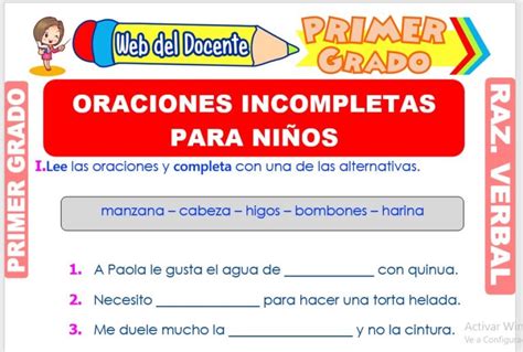 Oraciones Incompletas Para Ni Os Para Primer Grado De Primaria