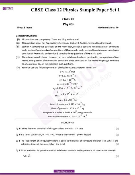 Class 12 Physics Sample Paper 2020 Cbse Academic Examples Papers