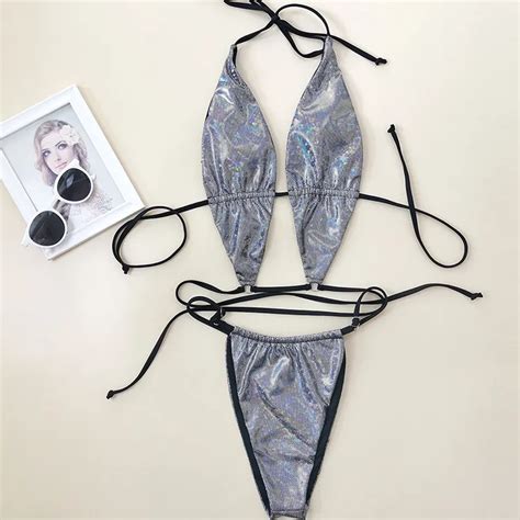 Seksi Glitter G String Micro Bikini Set Kad Nlar Mayo