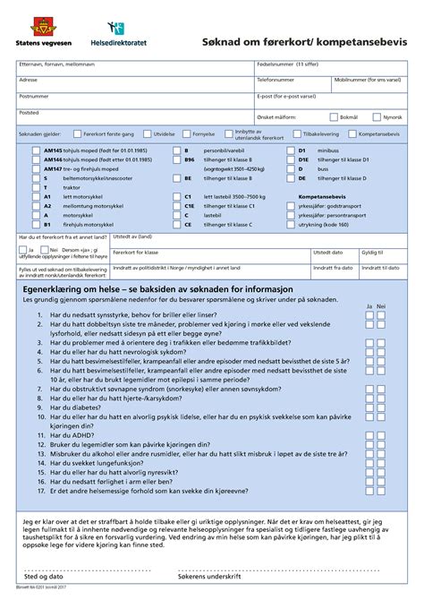 Soknad Om Forerkort Og Kompetansebevis Egenerklaering Om Helse